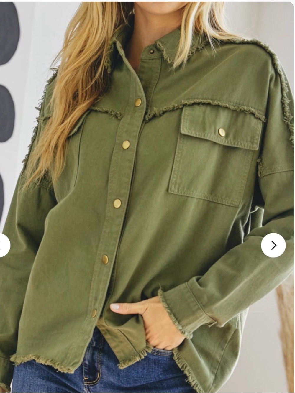 DAVI & DANI Oversized Olive Green Frayed Rock & Roll Utility Jacket with Snaps.